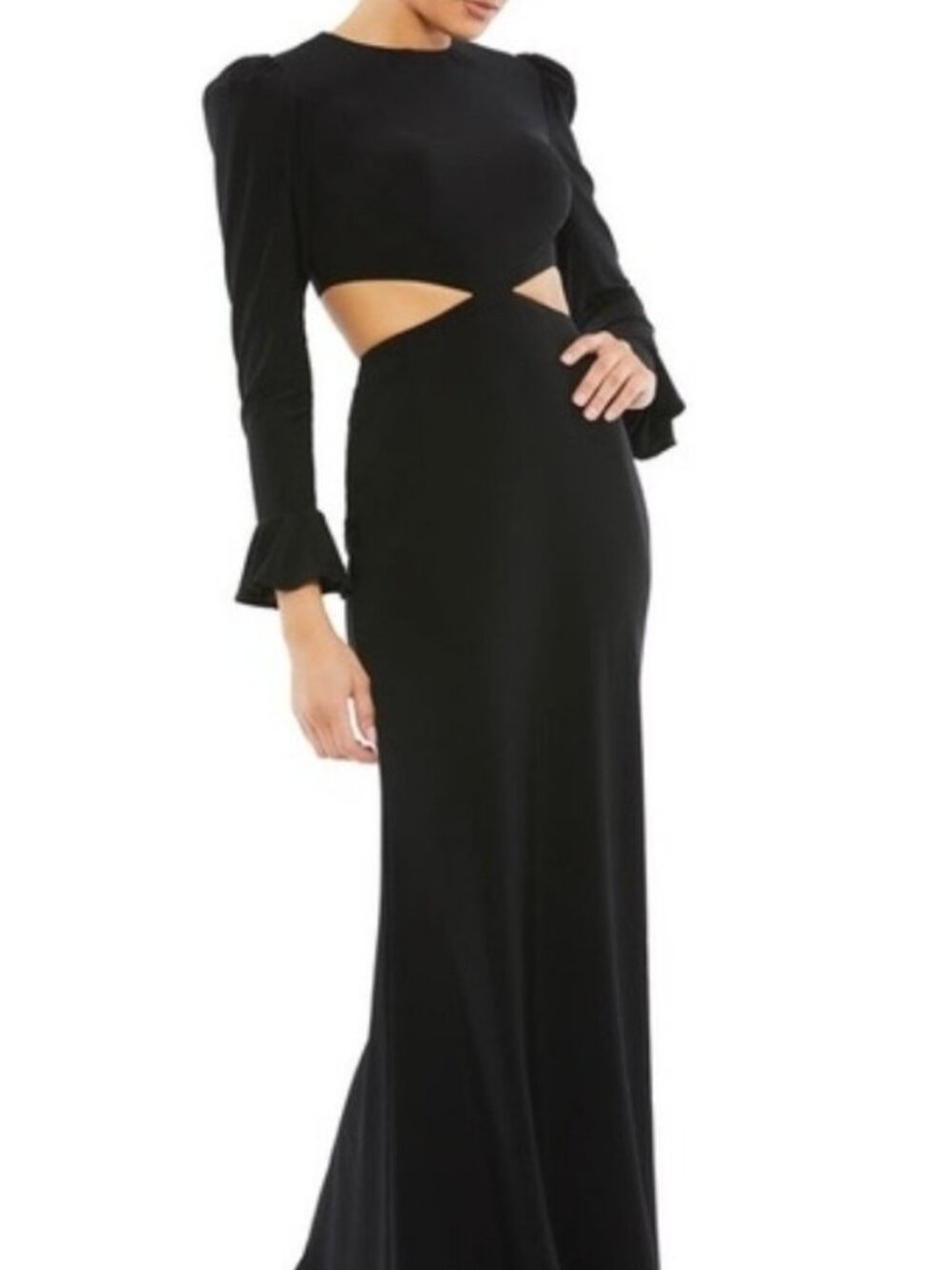 Mac Duggal 67944 Black Long Sleeve Puff Shoulder Cut Out Gown Size 8 NWT